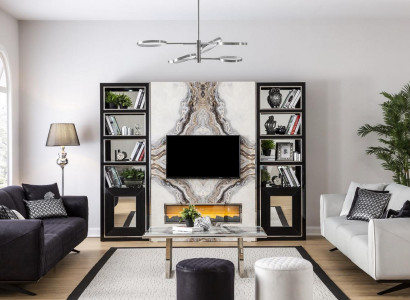 Luxus Wohnwand Wohnzimmer tv Schrank Wände Marmor Imitat Schwarz 270cm